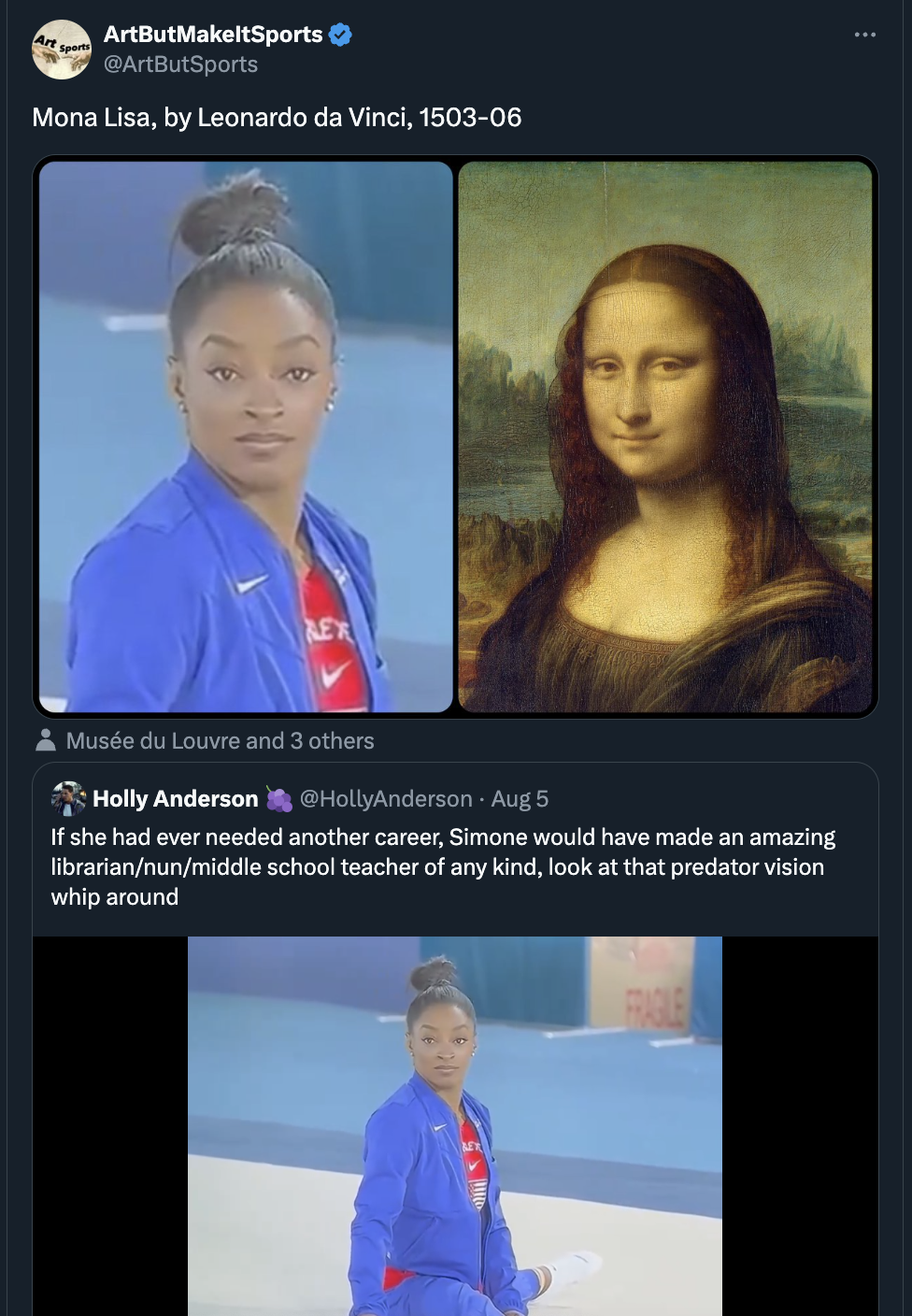 mona lisa - ArtButMakeltSports Mona Lisa, by Leonardo da Vinci, 150306 Muse du Louvre and 3 others Holly Anderson HollyAnderson Aug 5 If she had ever needed another career, Simone would have made an amazing librariannunmiddle school teacher of any kind, l